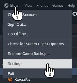 The Steam menu in the desktop client, with Settings highlighted