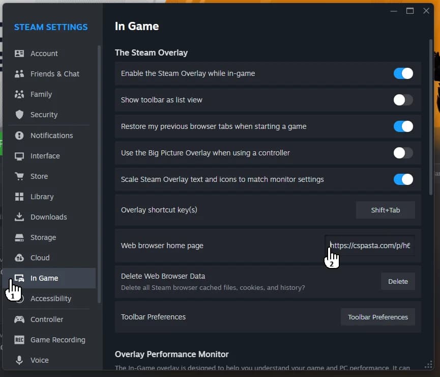 The Steam client settings window, In Game selected, with a cspasta link in the web browser home page field