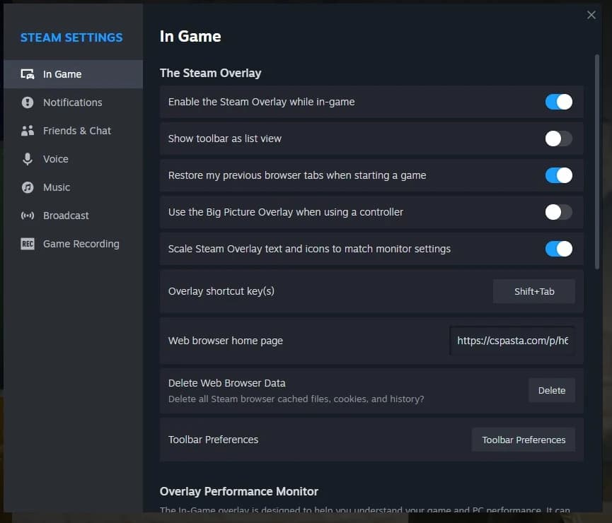 Steam settings inside the overlay, open on In Game, with a cspasta link in the web browser home page field